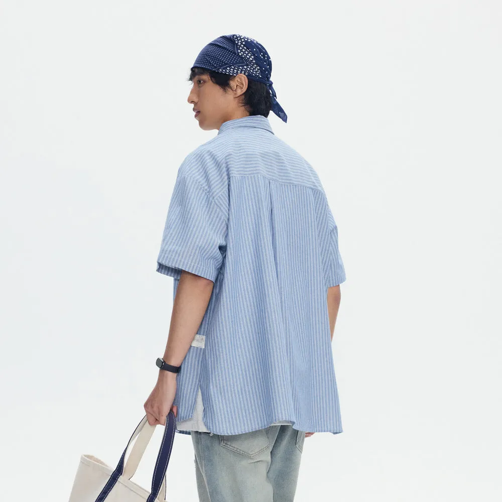 Blue striped loose fit cotton blend overshirt with short sleeves and cardigan style