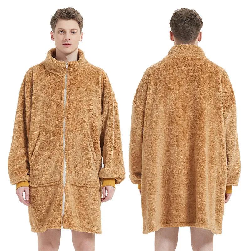 Men's camel polar fleece zipper cardigan nightgown with long sleeves and round neck on a plain background