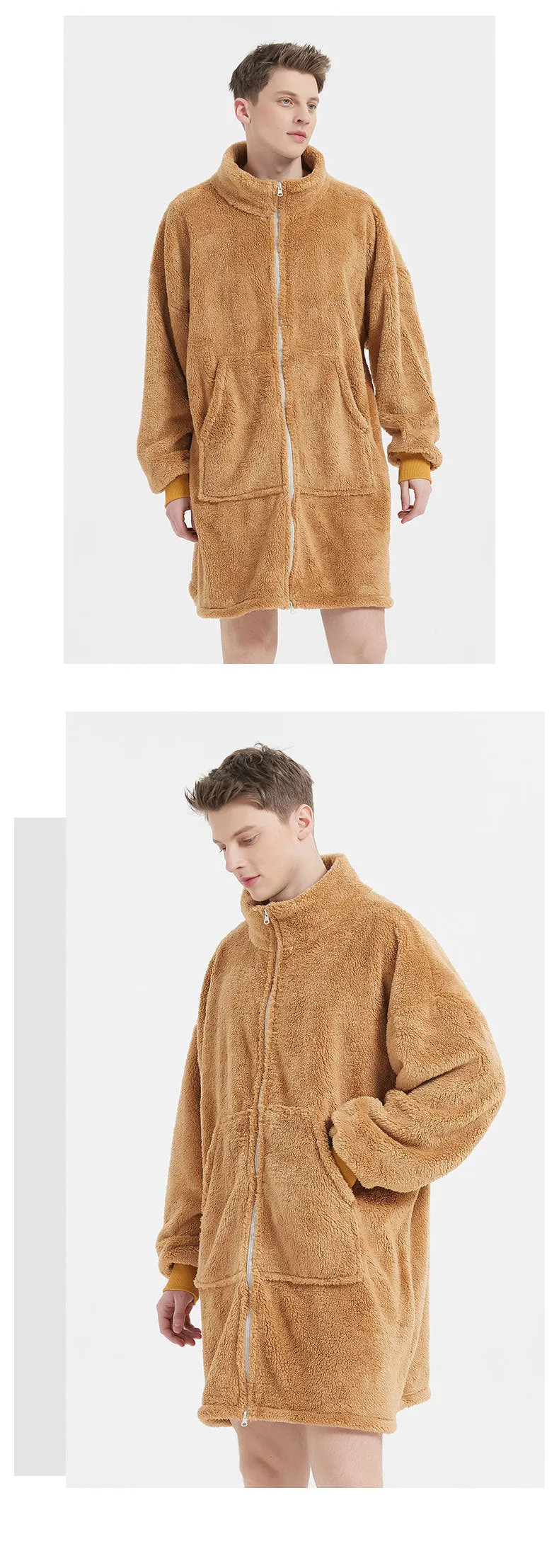 Men's camel polar fleece zipper cardigan nightgown with long sleeves and round neck on a plain background