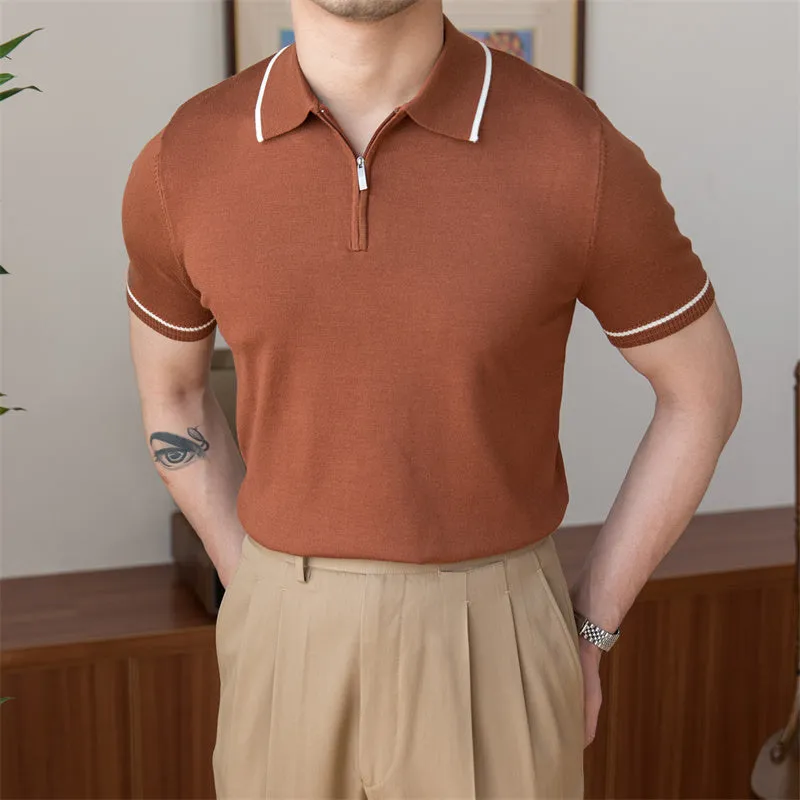 Slim knitted retro polo shirt for men in coffee colour, short sleeves, washed viscose-polyester blend, front view