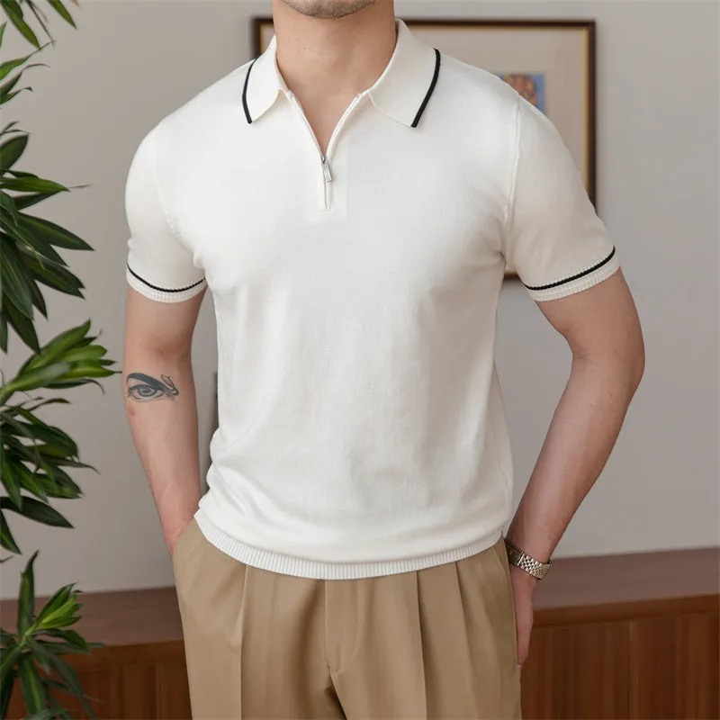 Slim knitted retro polo shirt for men in coffee colour, short sleeves, washed viscose-polyester blend, front view