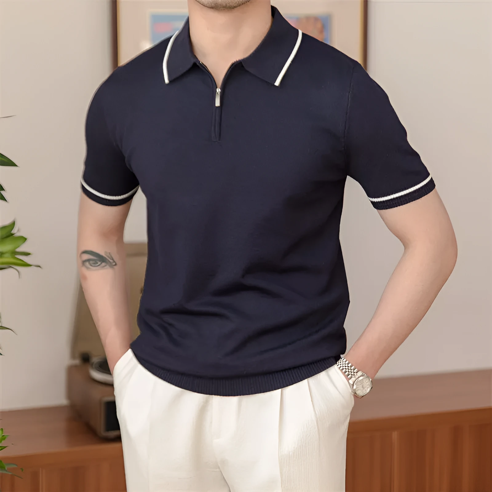Slim knitted retro polo shirt for men in coffee colour, short sleeves, washed viscose-polyester blend, front view