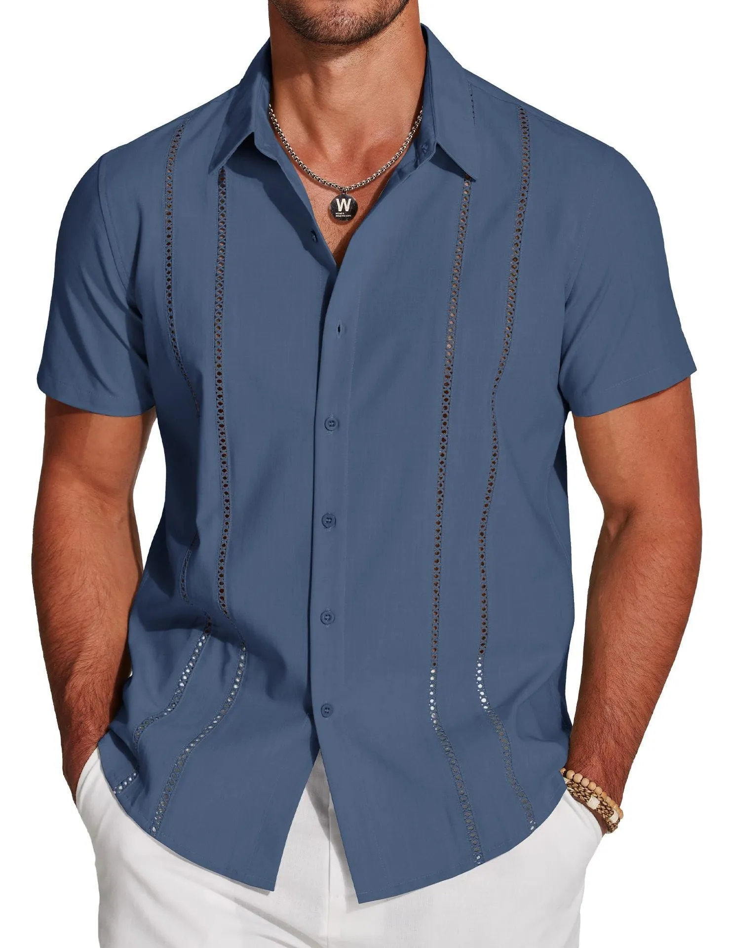 Man wearing a slim fit digital print Hawaiian short sleeve shirt in an elastic fabric