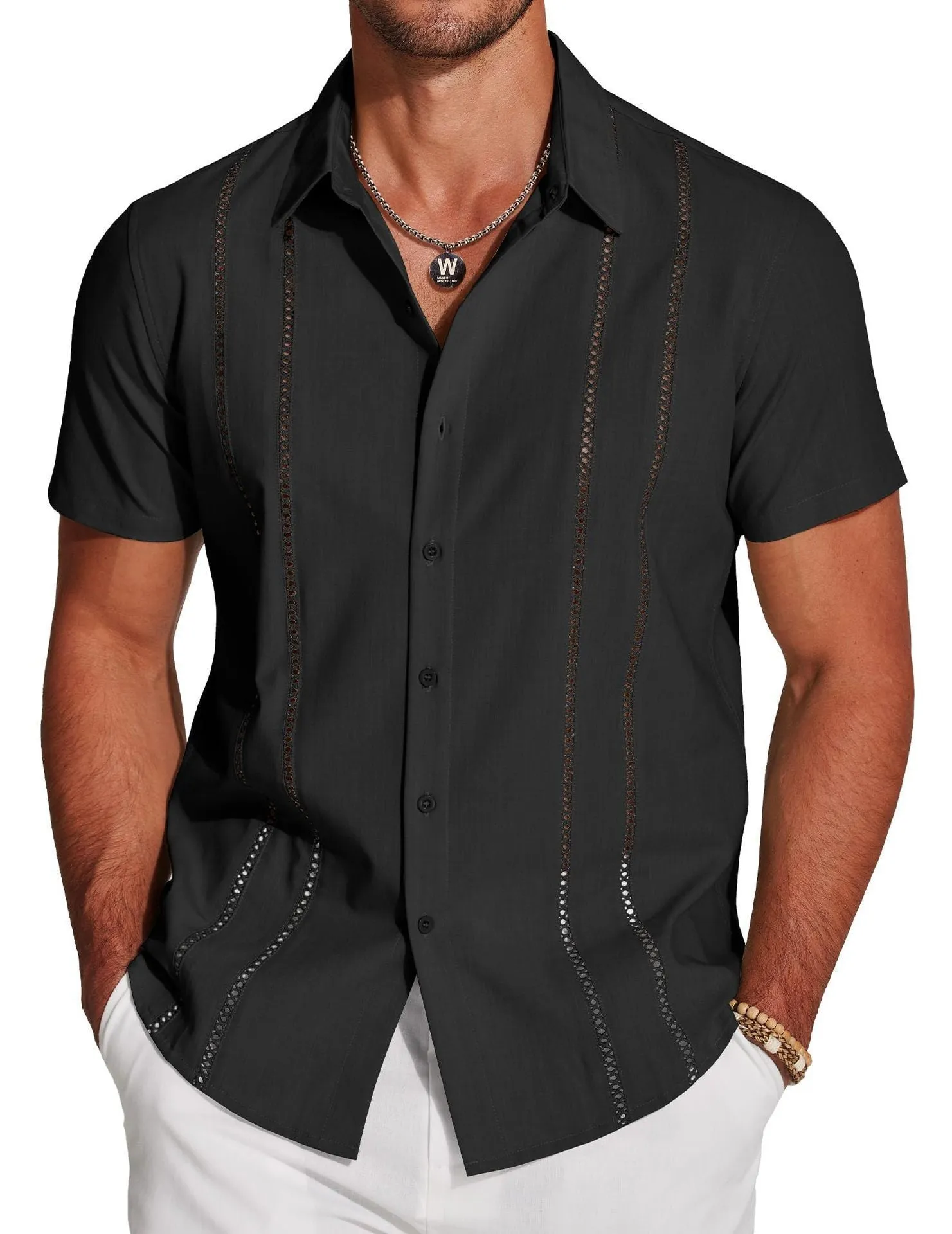 Man wearing a slim fit digital print Hawaiian short sleeve shirt in an elastic fabric