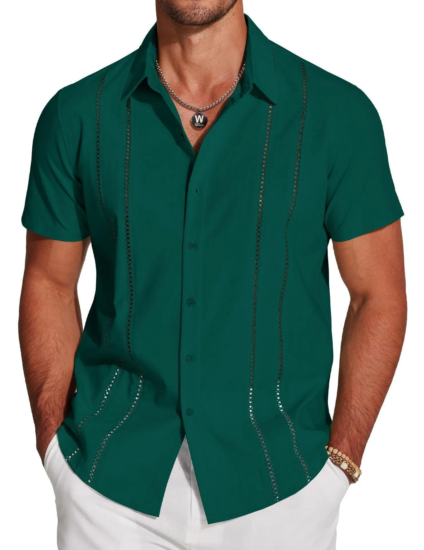 Man wearing a slim fit digital print Hawaiian short sleeve shirt in an elastic fabric