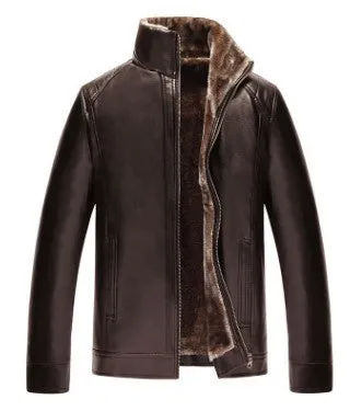 Men's winter PU leather biker jacket in black with visible zipper and stand collar, shown on a hanger.