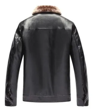Men's winter PU leather biker jacket in black with visible zipper and stand collar, shown on a hanger.