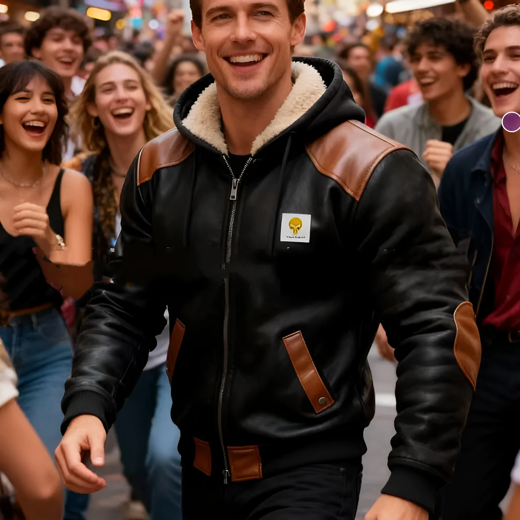 Men's winter fleece-lined thick hooded jacket in black polyester with mid-length hem and attached hood