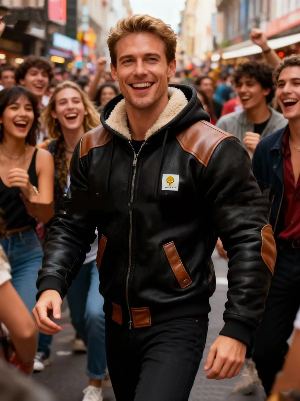 Men's winter fleece-lined thick hooded jacket in black polyester with mid-length hem and attached hood