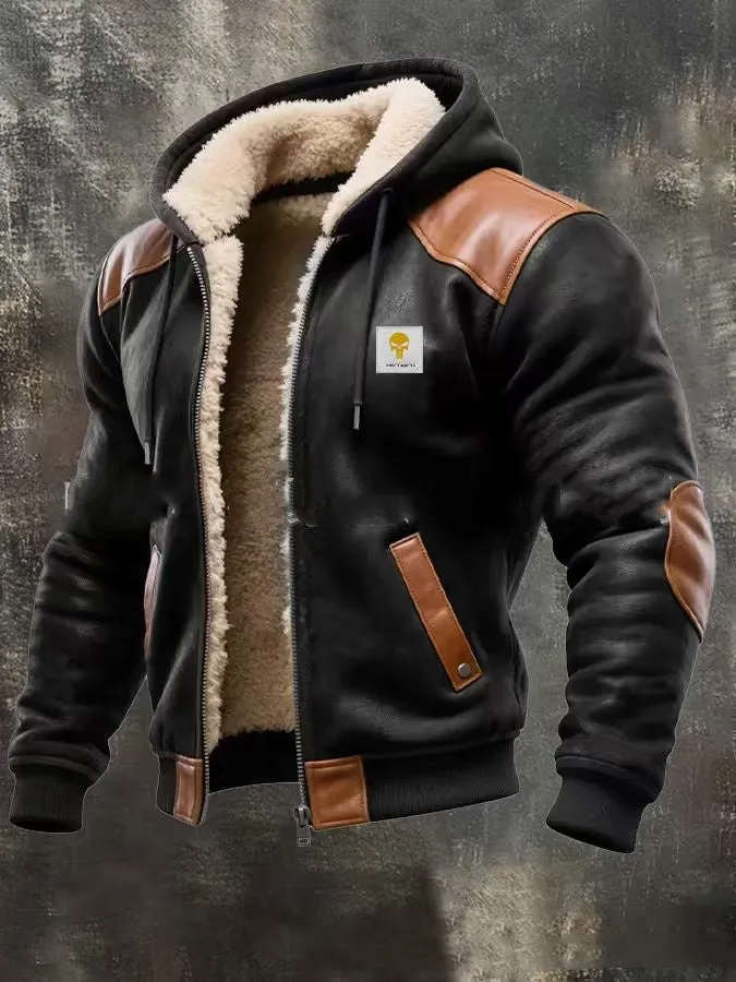 Men's winter fleece-lined thick hooded jacket in black polyester with mid-length hem and attached hood