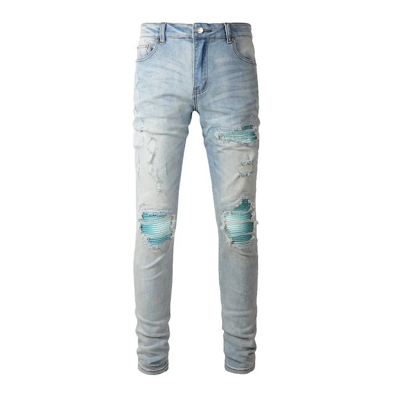 Men's light blue distressed slim fit jeans with five pocket patchwork, enzyme washed, side view
