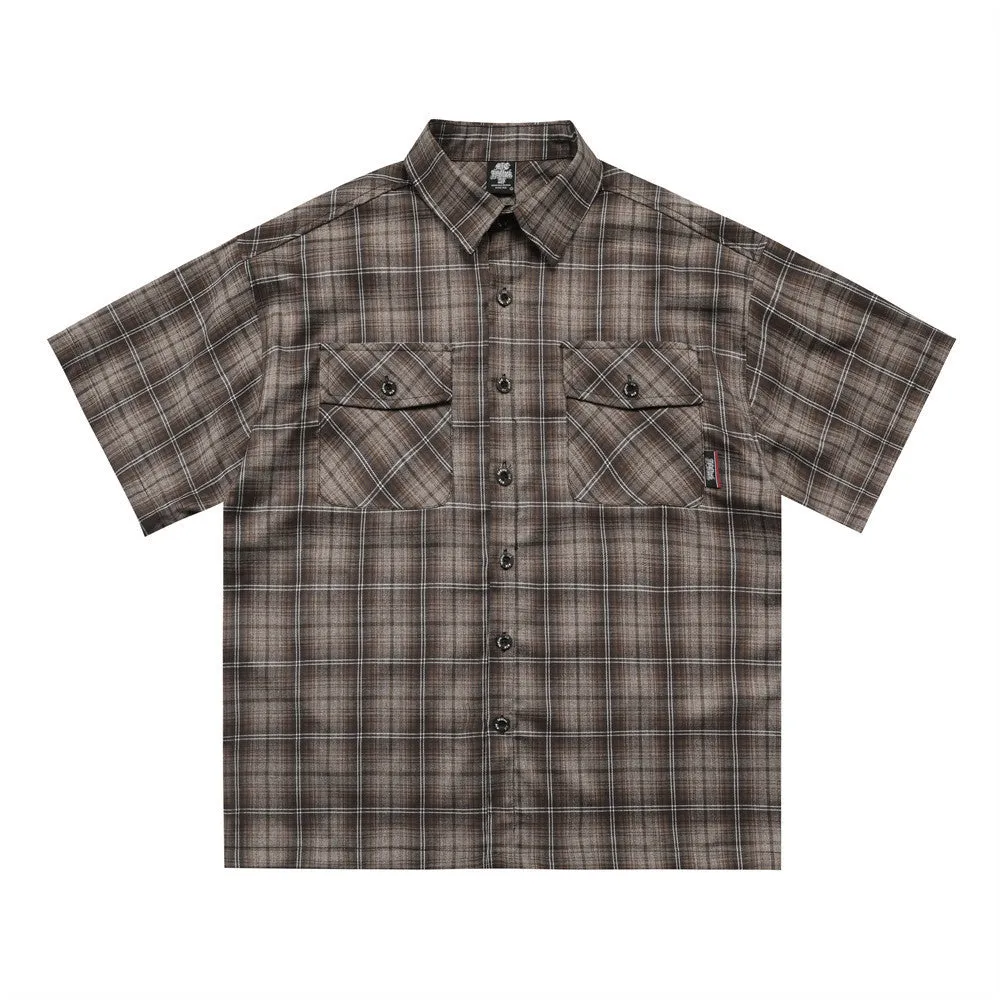Men's black plaid shirt with embroidered letter on lapel and short sleeves