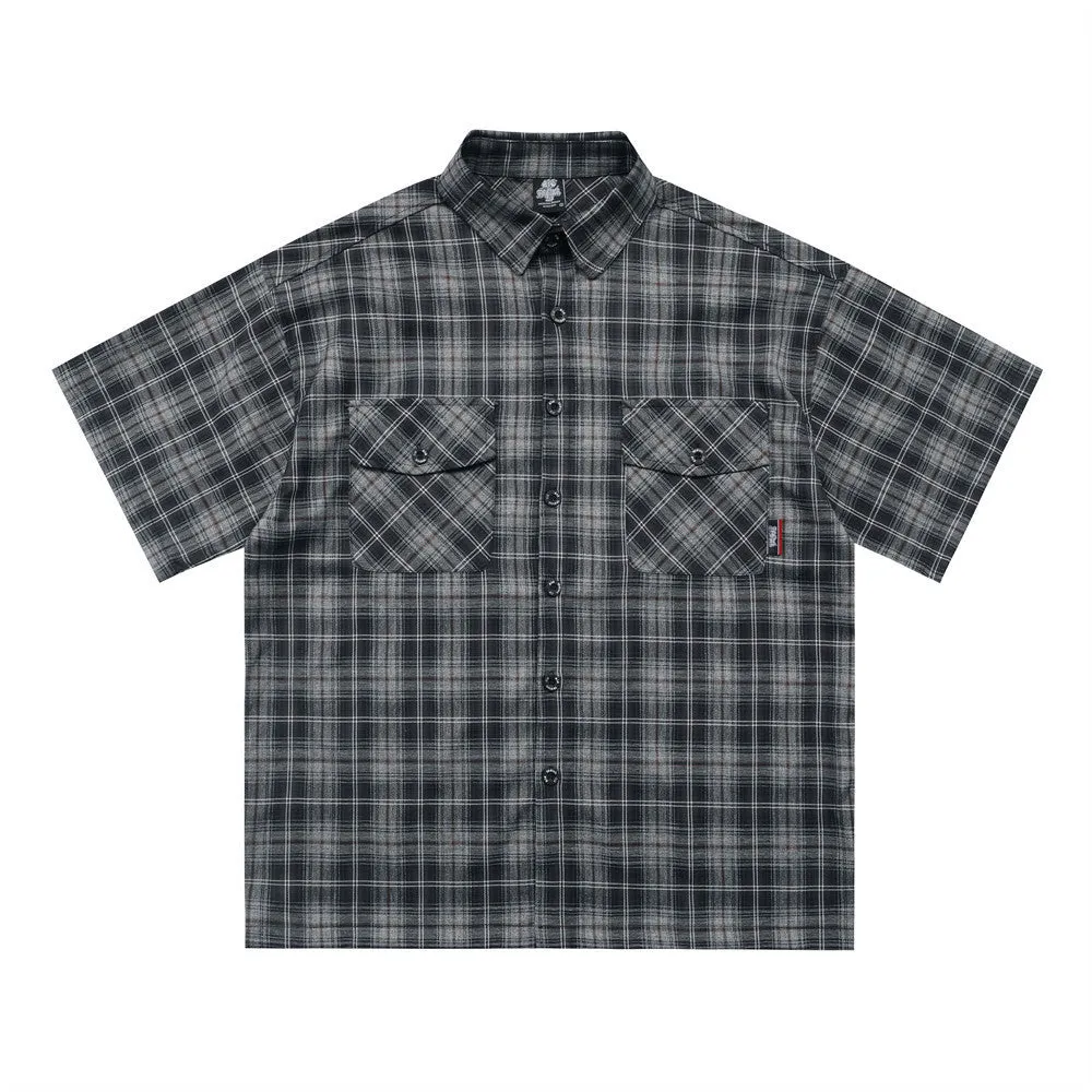 Men's black plaid shirt with embroidered letter on lapel and short sleeves