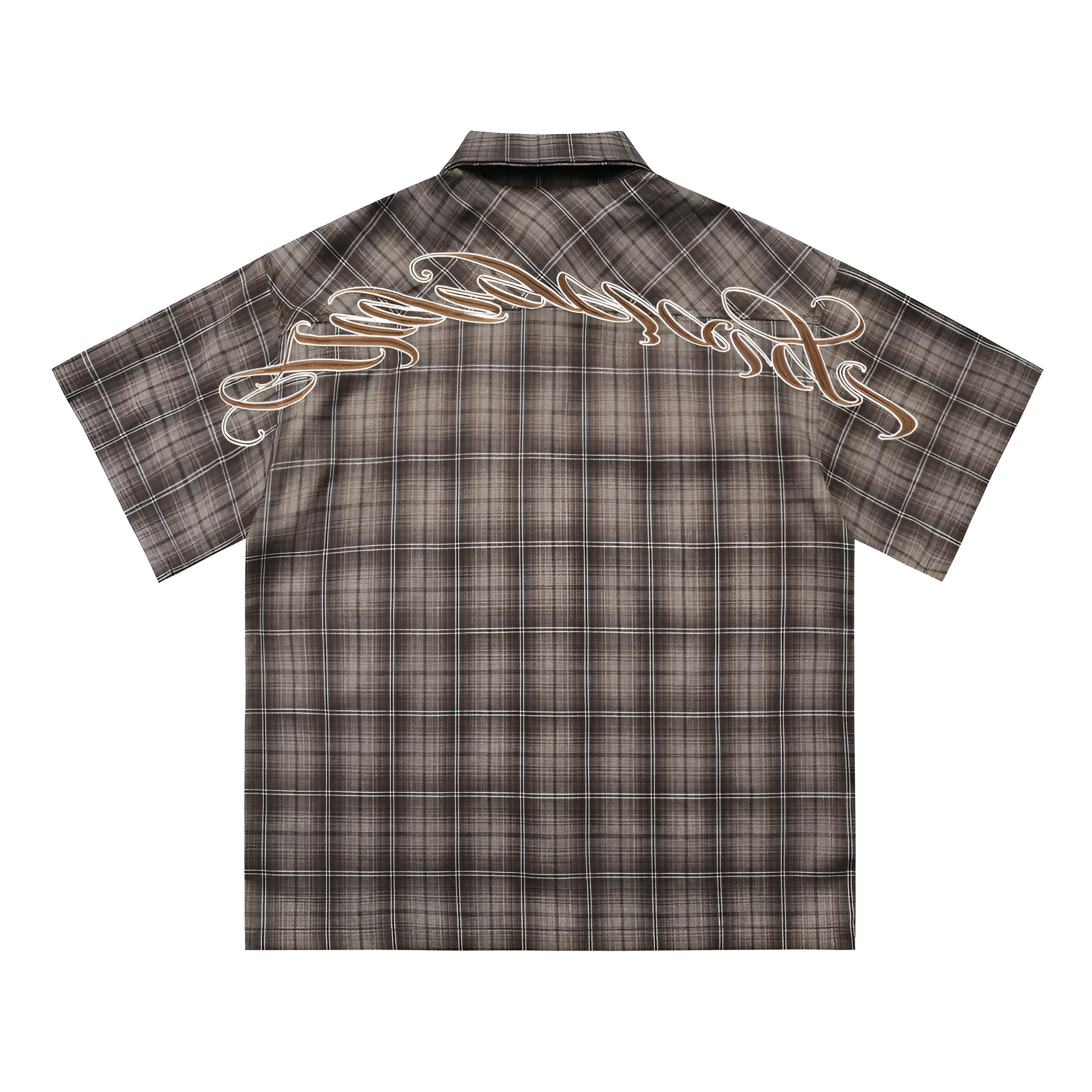 Men's black plaid shirt with embroidered letter on lapel and short sleeves