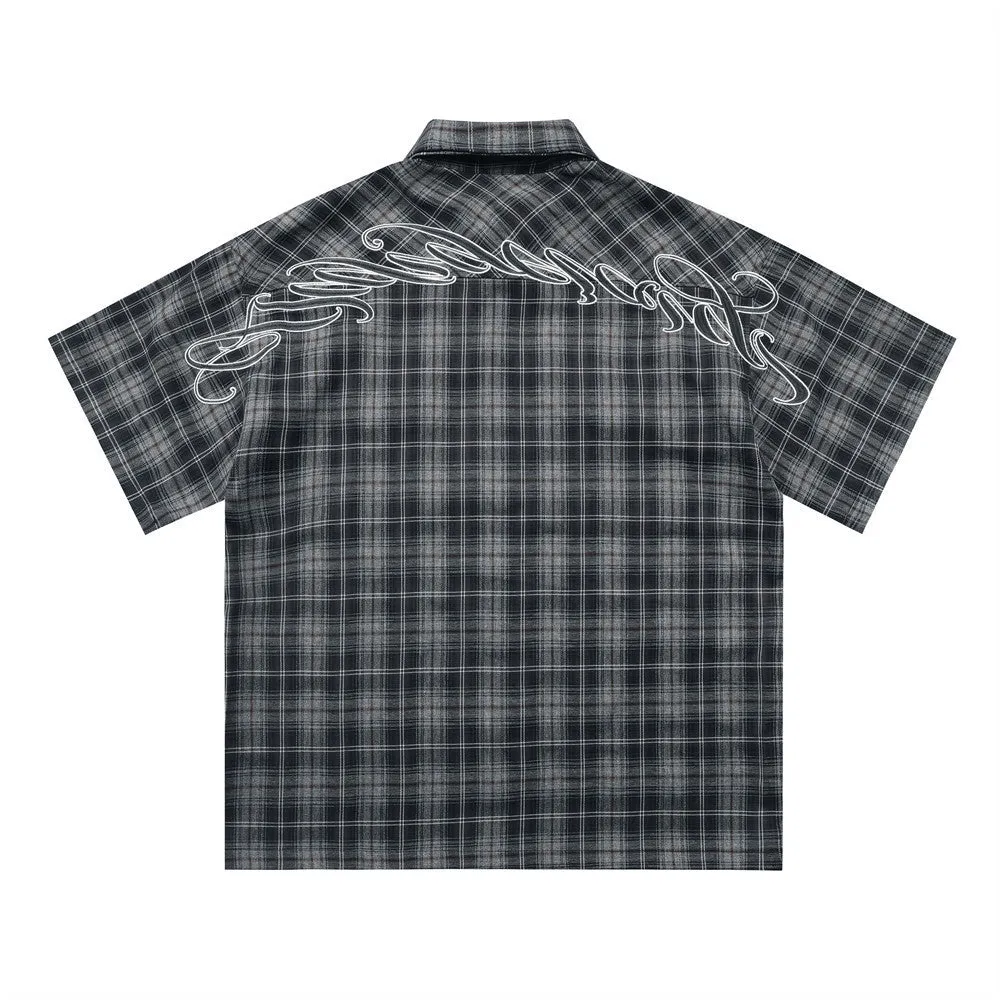 Men's black plaid shirt with embroidered letter on lapel and short sleeves