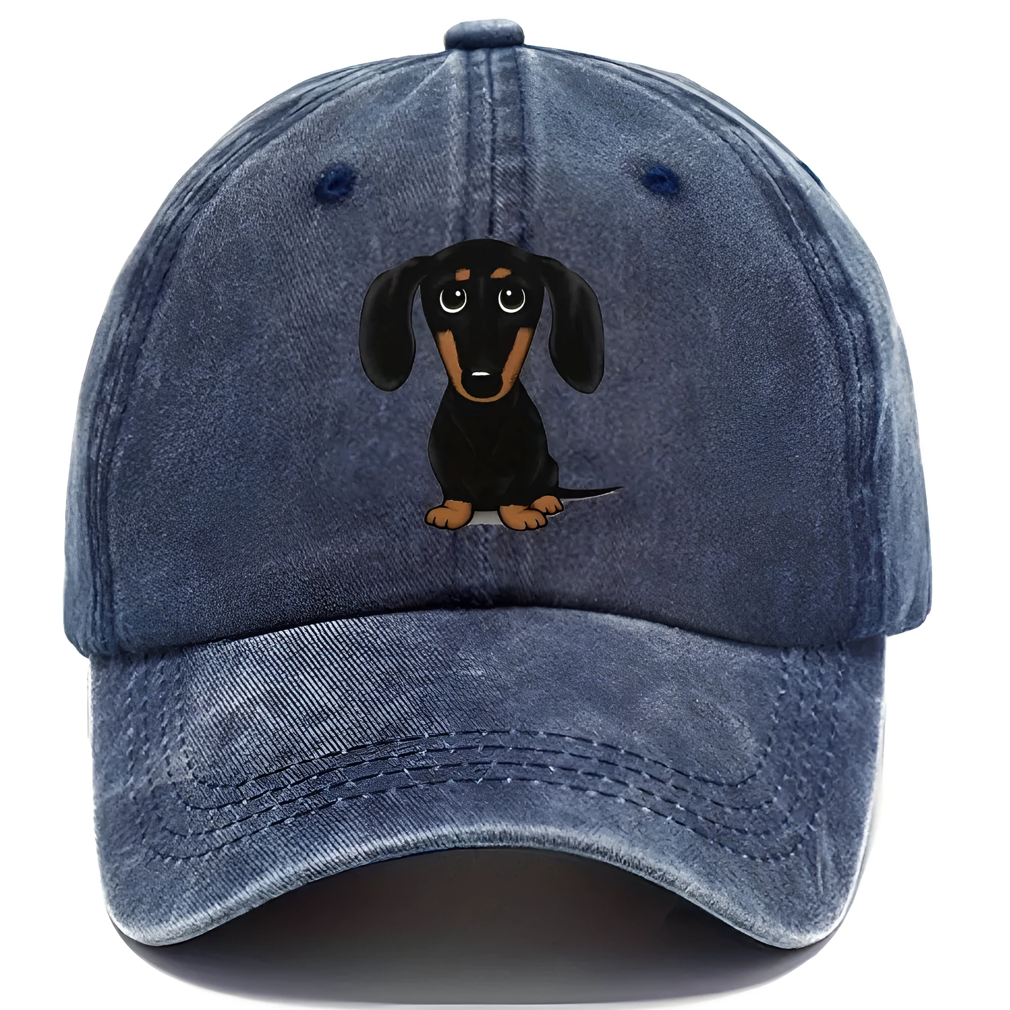 Retro washed baseball cap with embroidered Dachshund design on cotton fabric