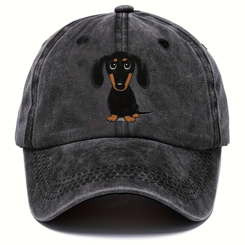 Retro washed baseball cap with embroidered Dachshund design on cotton fabric