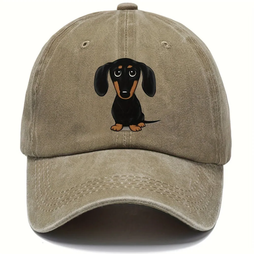 Retro washed baseball cap with embroidered Dachshund design on cotton fabric
