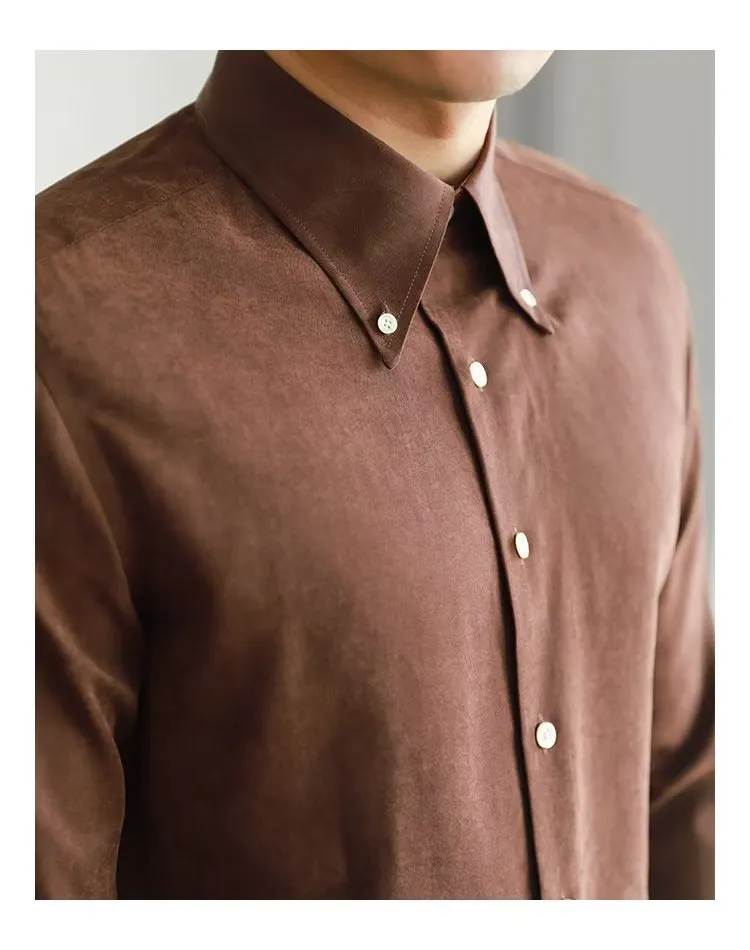 Men's pure color artistic lazy trendy shirt in cotton blend, brown, front view
