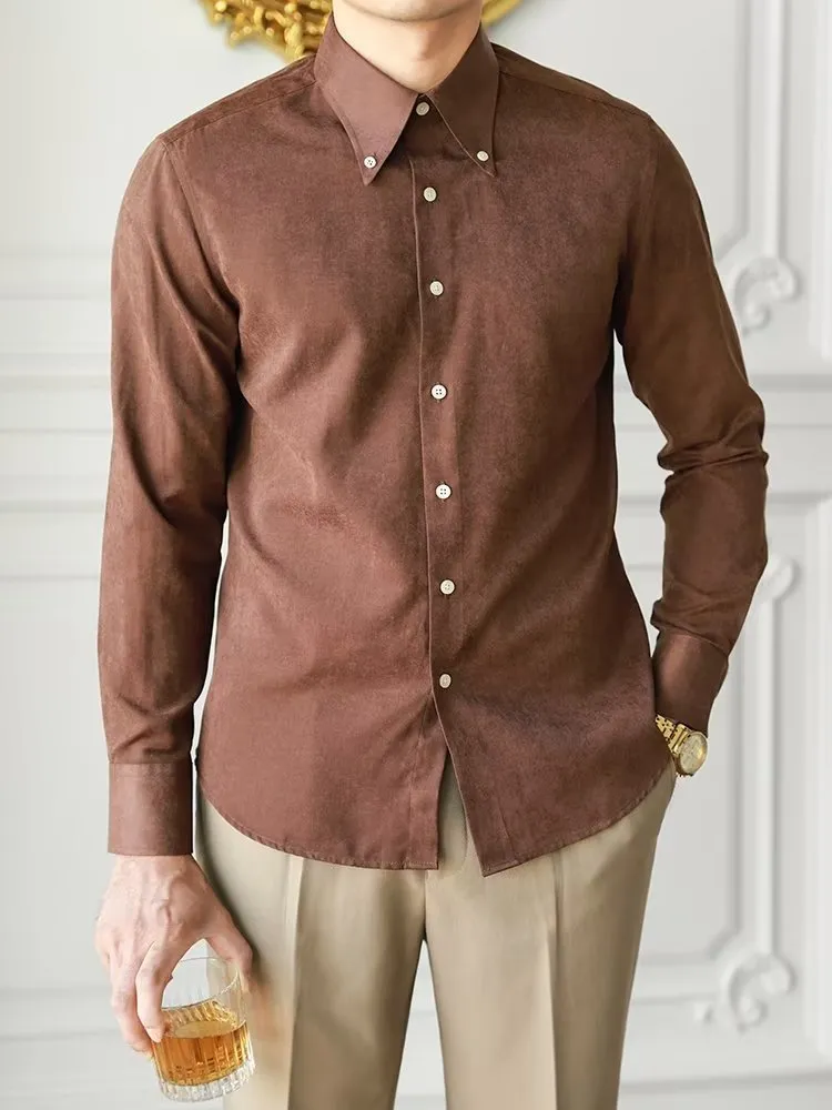 Men's pure color artistic lazy trendy shirt in cotton blend, brown, front view