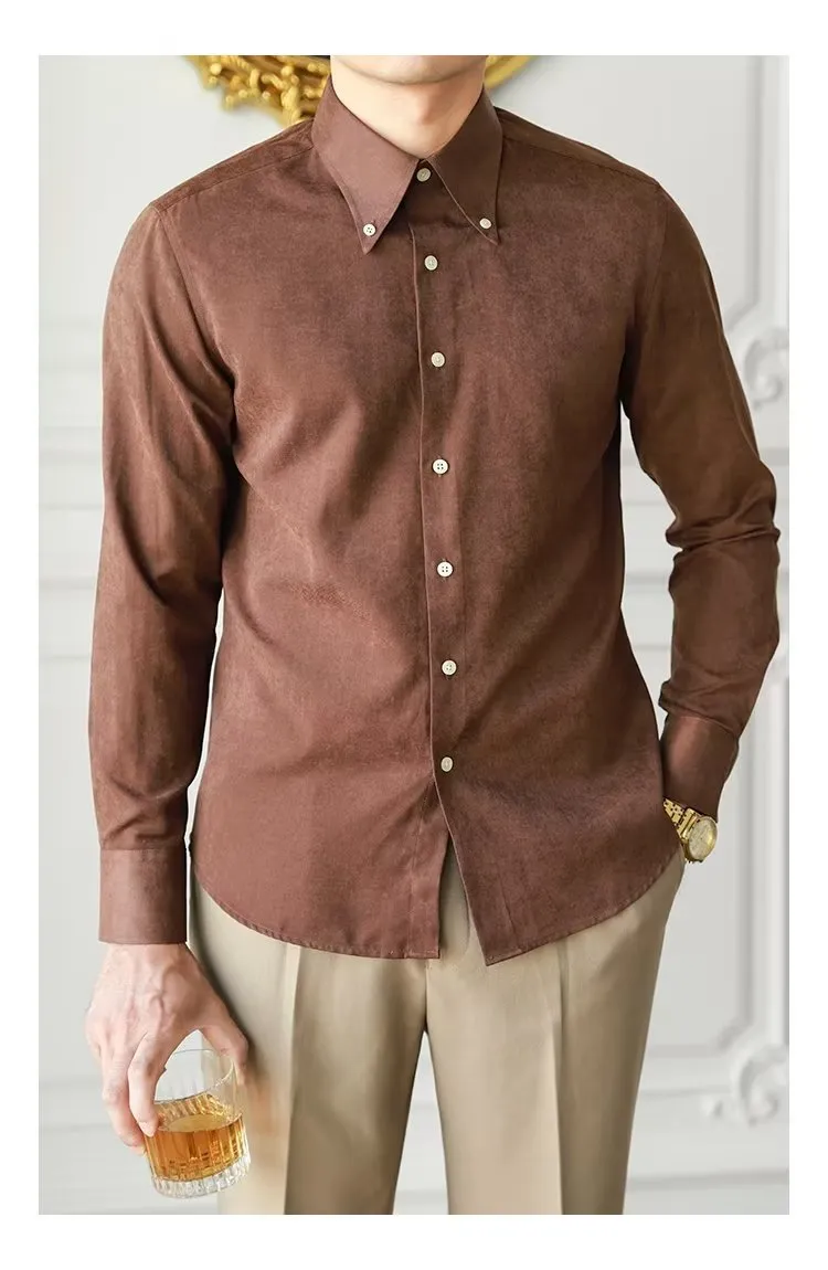 Men's pure color artistic lazy trendy shirt in cotton blend, brown, front view