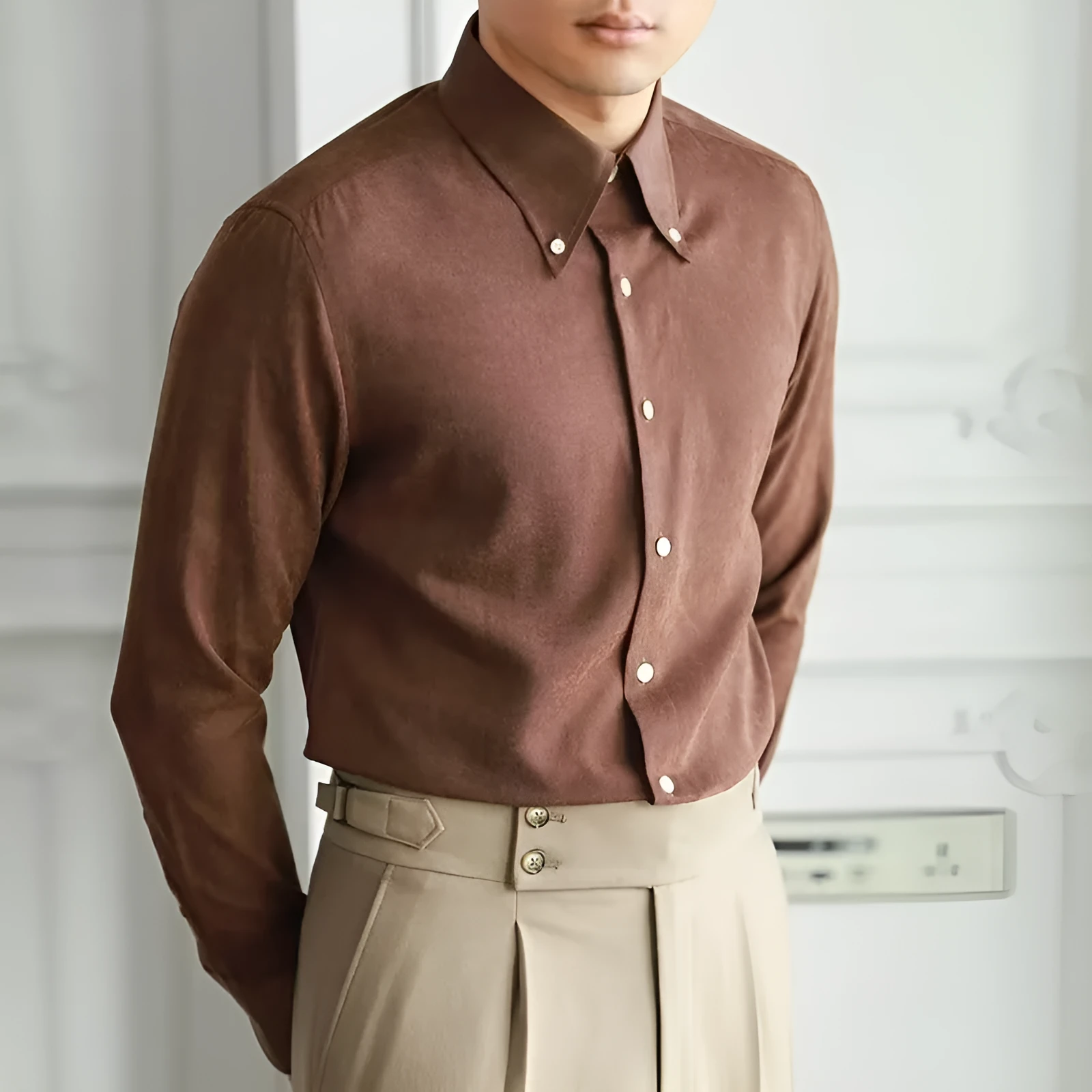 Men's pure color artistic lazy trendy shirt in cotton blend, brown, front view
