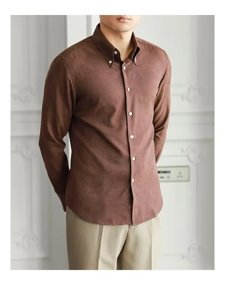 Men's pure color artistic lazy trendy shirt in cotton blend, brown, front view