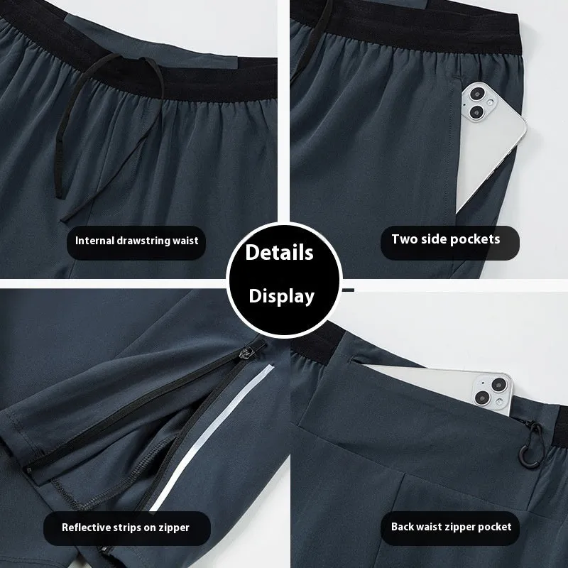 Men's loose quick-drying polyester sports trousers in navy blue, mid-waist with an American style cut for running and fitness
