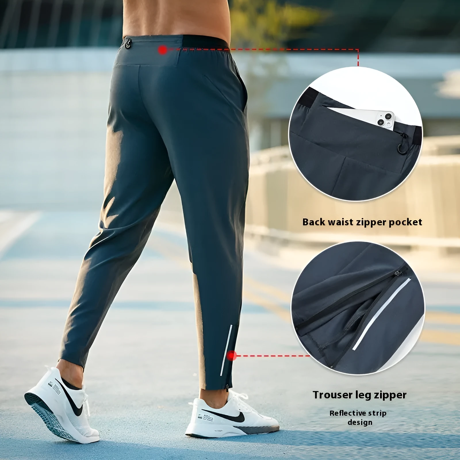 Men's loose quick-drying polyester sports trousers in navy blue, mid-waist with an American style cut for running and fitness