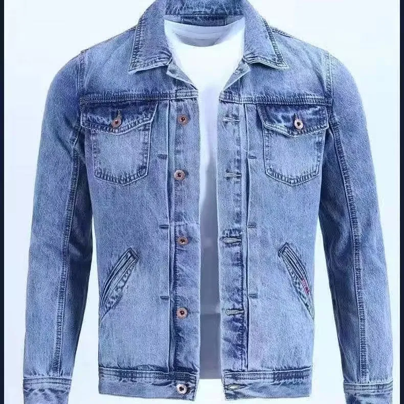 Korean slim fit denim workwear jacket in black gray with conventional sleeves and straight hem