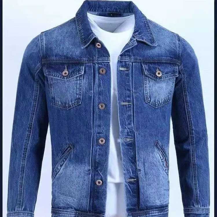 Korean slim fit denim workwear jacket in black gray with conventional sleeves and straight hem