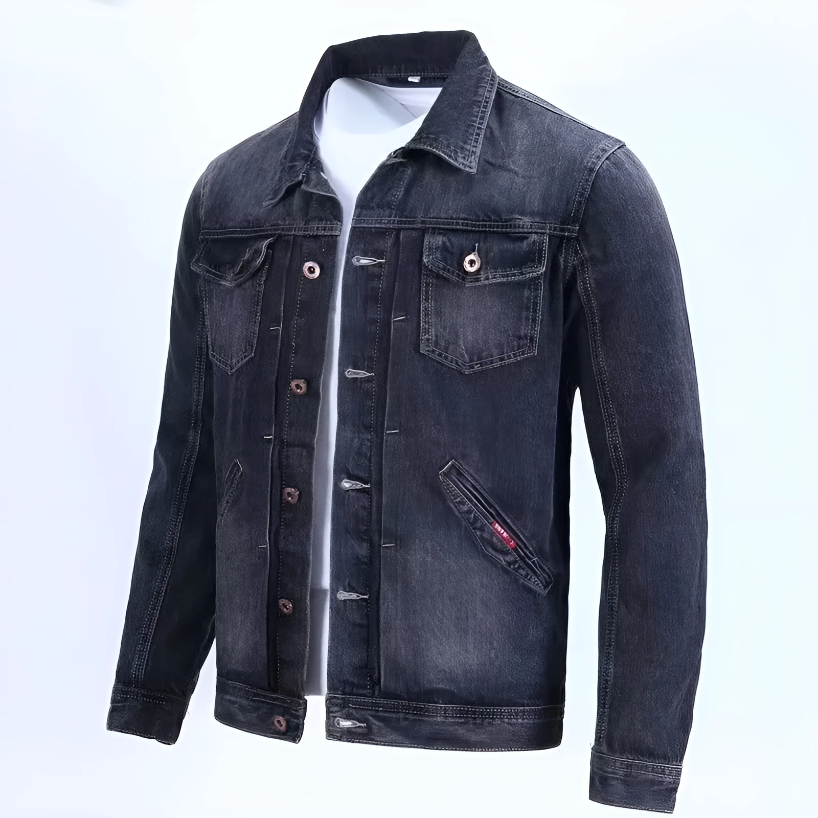 Korean slim fit denim workwear jacket in black gray with conventional sleeves and straight hem
