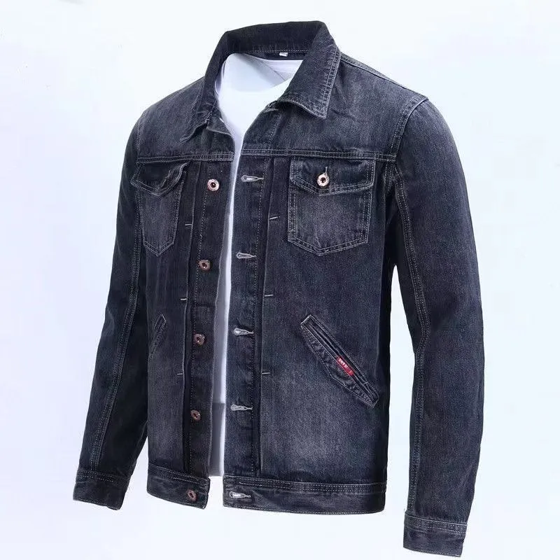 Korean slim fit denim workwear jacket in black gray with conventional sleeves and straight hem