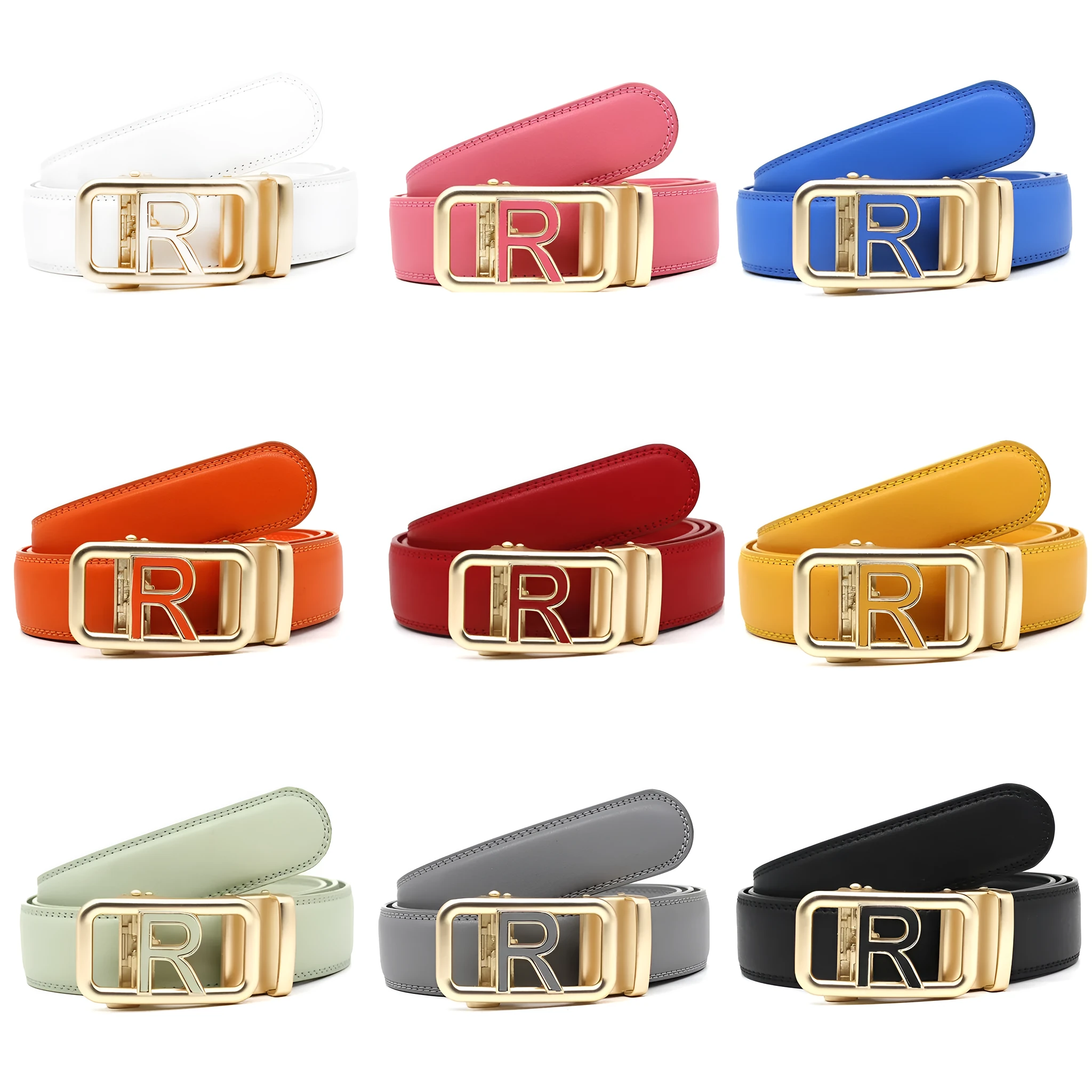Men's automatic buckle belt in genuine leather with alloy buckle, 125cm, available in ten colours for all-match casual wear.