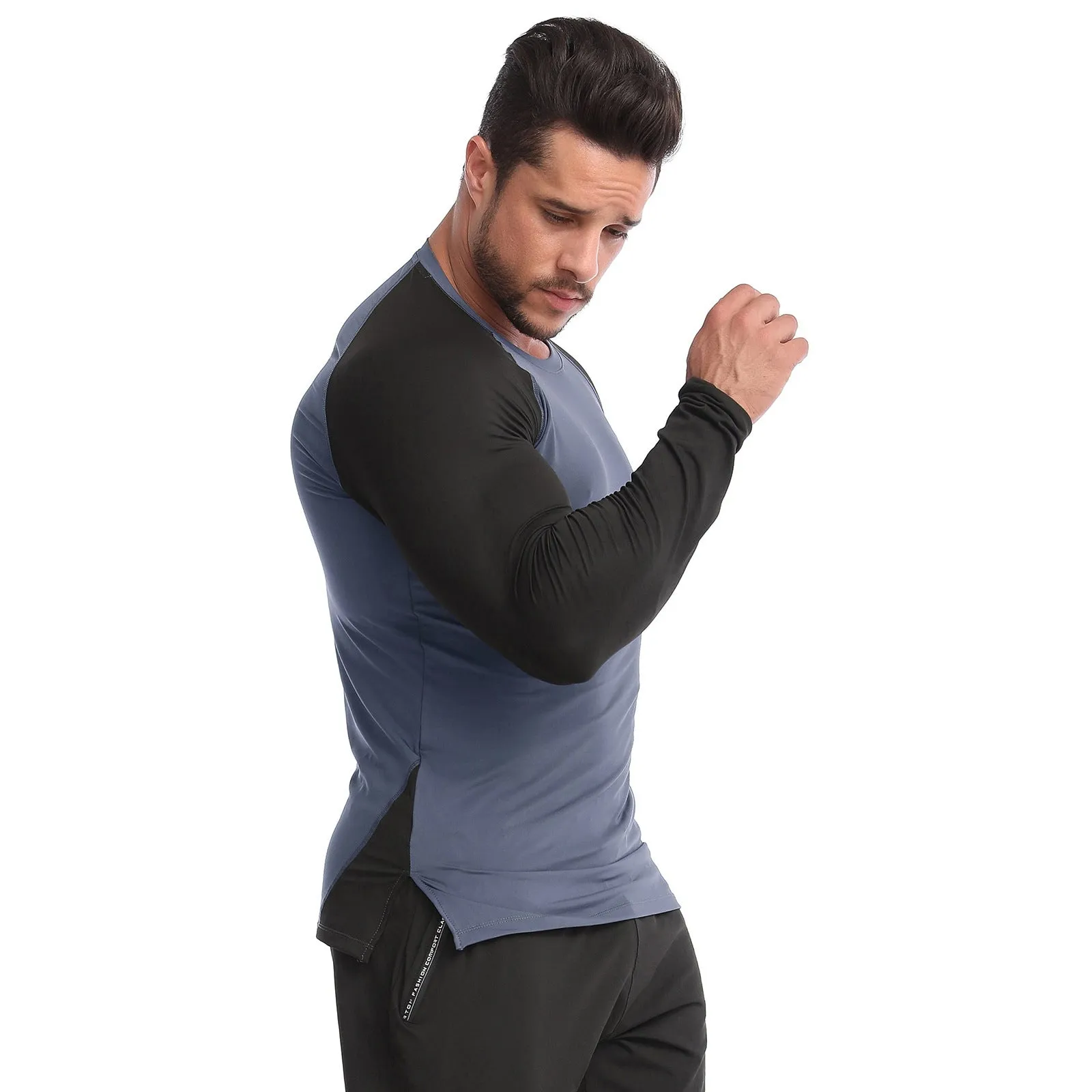 Men's high elastic quick-drying fitness long sleeve top in iron gray black for gym training