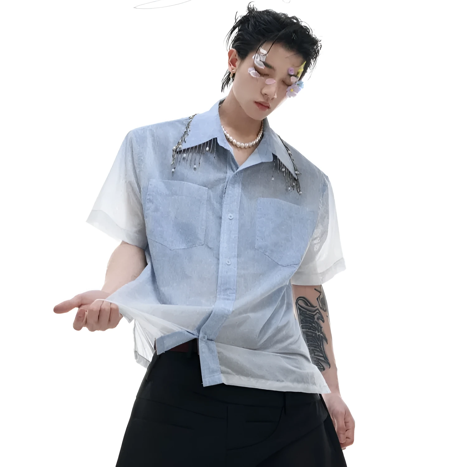 Blue and white gradient loose fit short sleeve shirt on a hanger