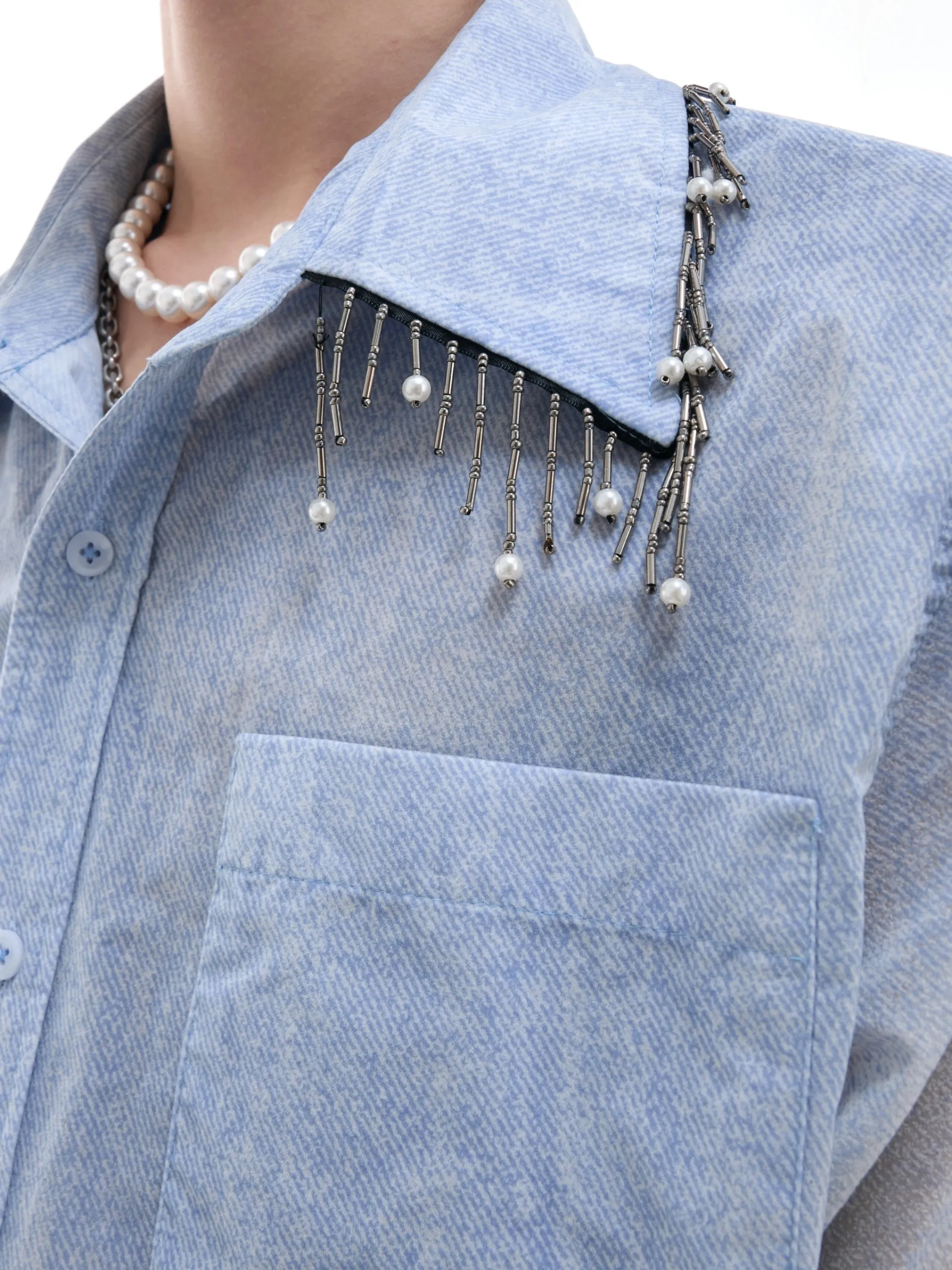 Blue and white gradient loose fit short sleeve shirt on a hanger
