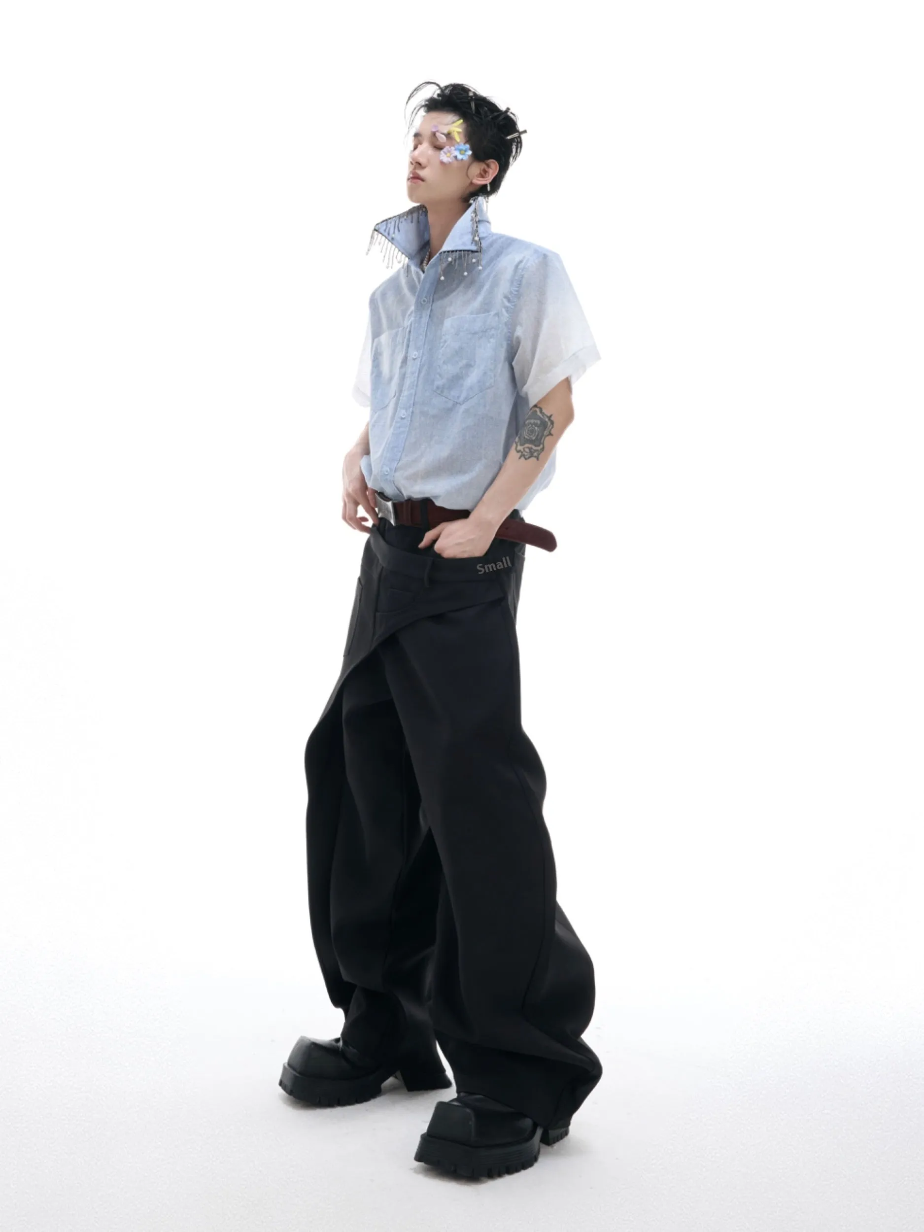 Blue and white gradient loose fit short sleeve shirt on a hanger