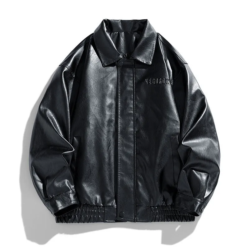 Retro motorcycle PU leather jacket with loose lapel, slim fit, available in black colour for men