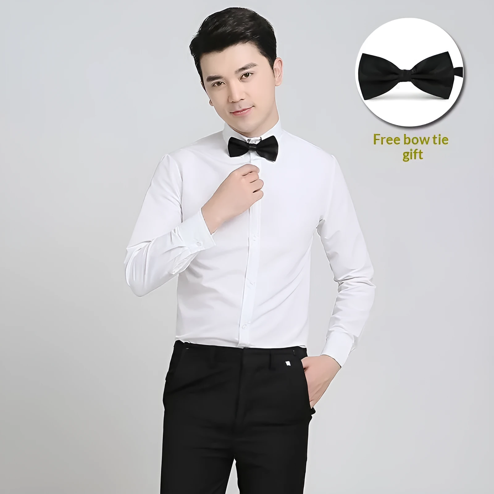 Women's plus size long sleeve performance shirt with bow tie in fleece-lined acrylic, slim fit Korean style
