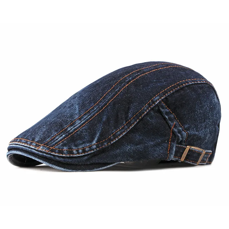 Fashion wash denim beret in medium denim blue, flat top crown, curly brim, cotton tie dye