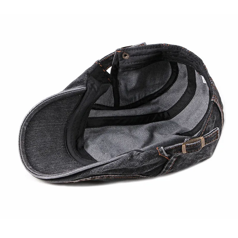 Fashion wash denim beret in medium denim blue, flat top crown, curly brim, cotton tie dye