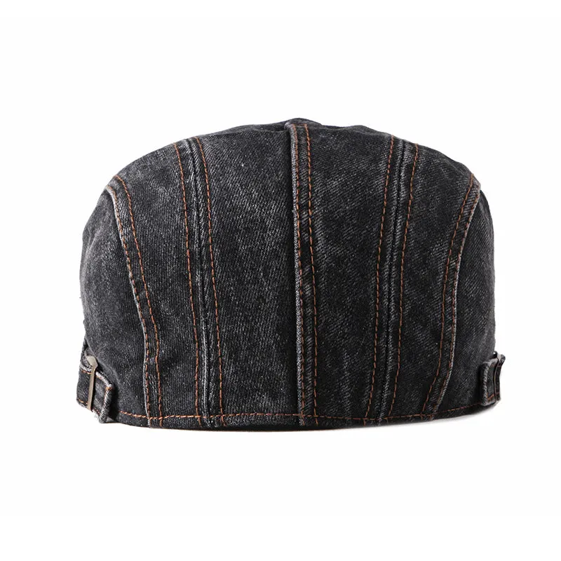 Fashion wash denim beret in medium denim blue, flat top crown, curly brim, cotton tie dye