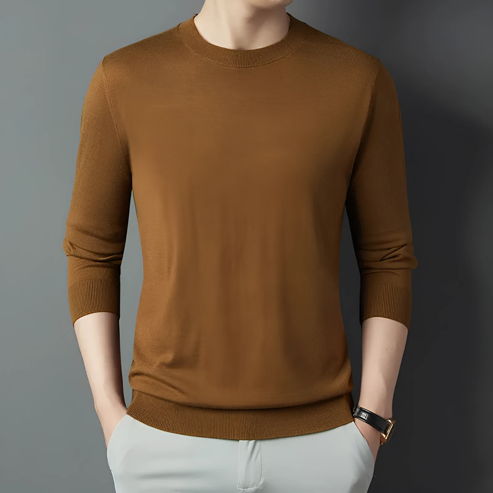Men's non-iron acrylic blend fitted long sleeve pullover shirt in solid colour