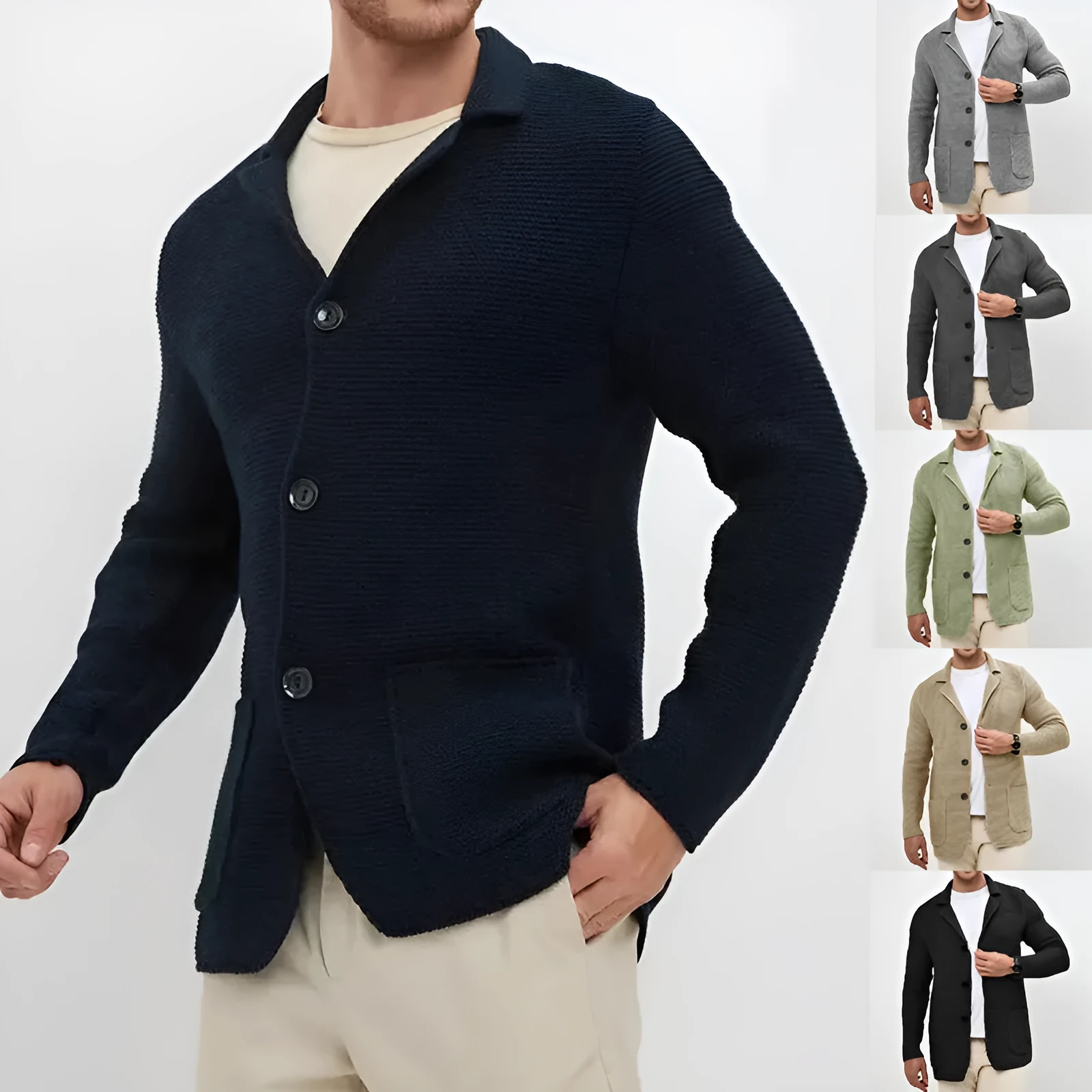 Men's knitted cardigan sweater jacket with lapel collar in black, slim fit long sleeve acrylic yarn winter wear