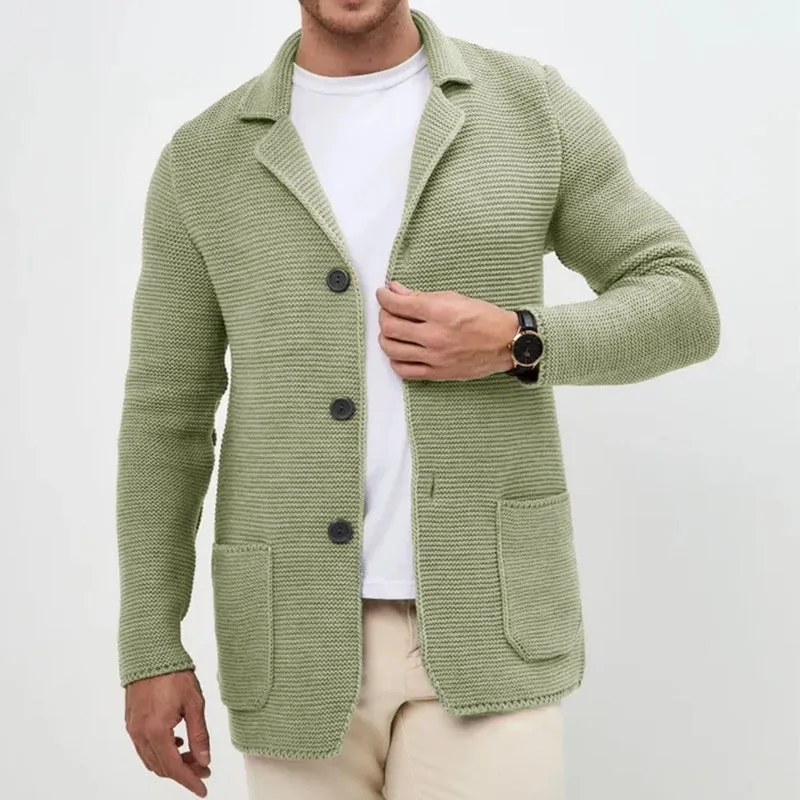 Men's knitted cardigan sweater jacket with lapel collar in black, slim fit long sleeve acrylic yarn winter wear