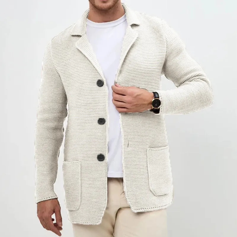 Men's knitted cardigan sweater jacket with lapel collar in black, slim fit long sleeve acrylic yarn winter wear