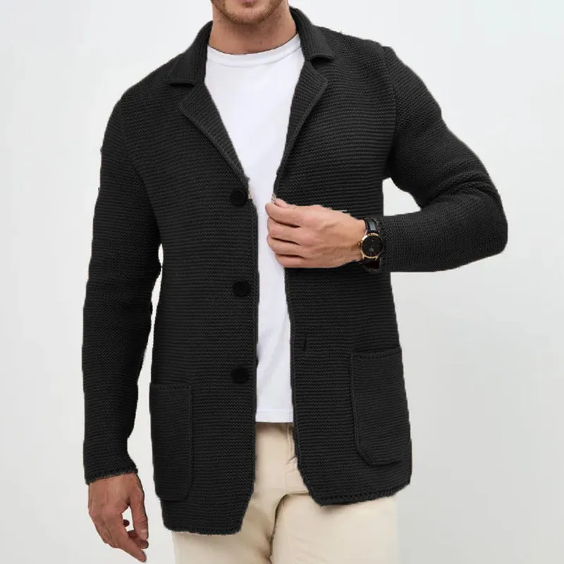 Men's knitted cardigan sweater jacket with lapel collar in black, slim fit long sleeve acrylic yarn winter wear