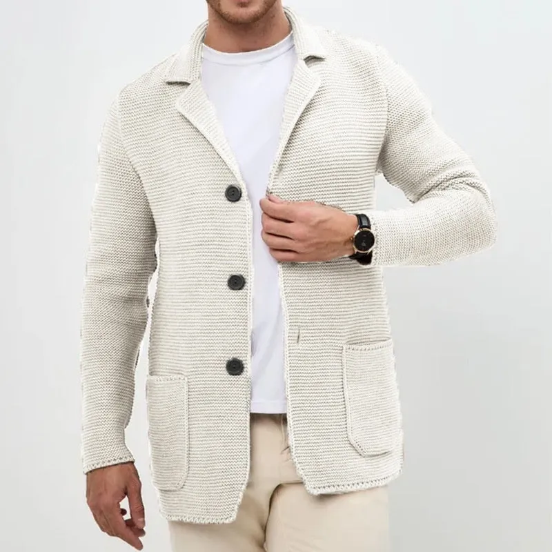 Men's knitted cardigan sweater jacket with lapel collar in black, slim fit long sleeve acrylic yarn winter wear