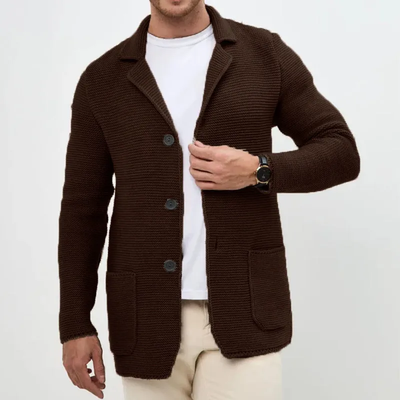 Men's knitted cardigan sweater jacket with lapel collar in black, slim fit long sleeve acrylic yarn winter wear